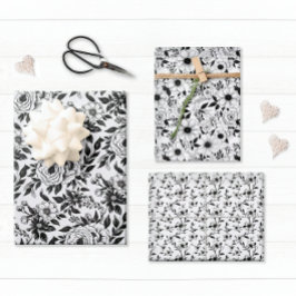 Elegant Zwart en Wit Bloemmotief Inpakpapier Vel
