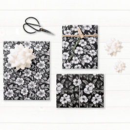 Elegant Zwart en Wit Bloemmotief Inpakpapier Vel