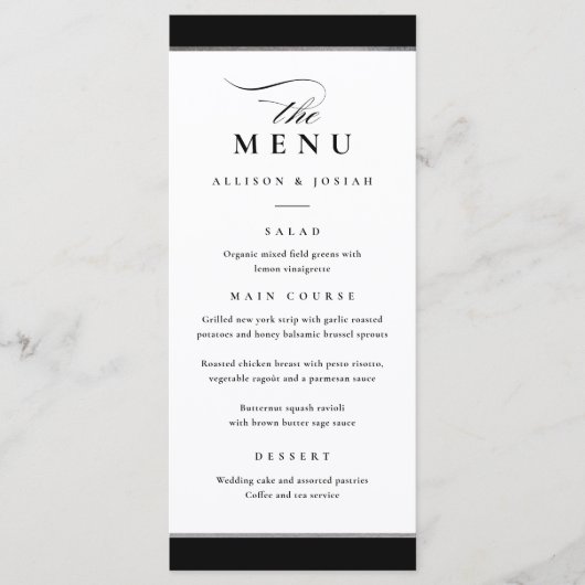 Elegant zwart en wit met zilveren accent menu (Voorkant)