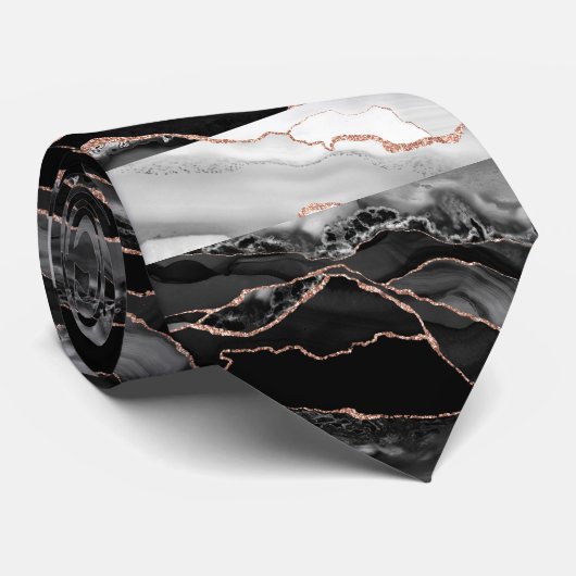 Elegant Zwart en Wit Rose Goud Glitter Marmer Stropdas (Opgerold)