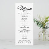 Elegant zwart en wit scrollend huwelijksmonogram menu (Staand voorkant)
