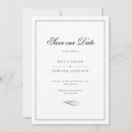 Elegant zwart en wit sparen de Datum Kaart (Voorkant)