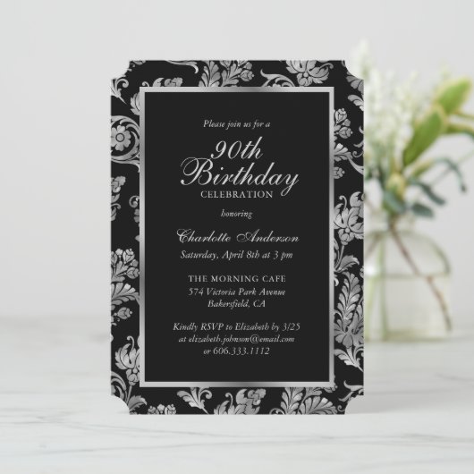 Elegant Zwart en Zilver 90ste Verjaardag Kaart (Staand voorkant)