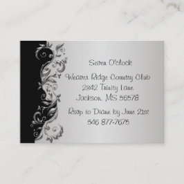 Elegant Zwart en Zilver Bloemen Bruiloft Receptie Informatiekaartje