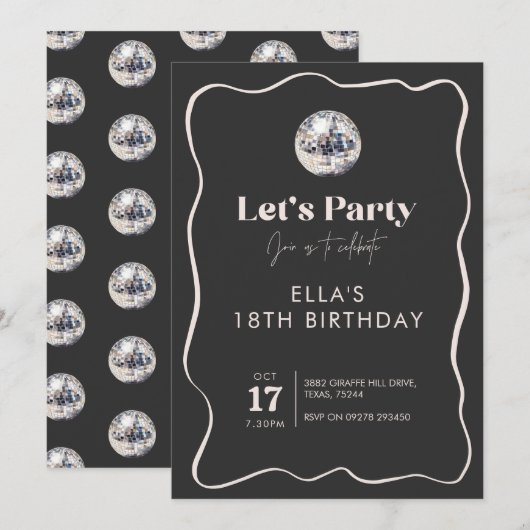 Elegant zwart en zilver Disco bal 18e verjaardag Kaart (Voorkant / Achterkant)