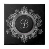 Elegant zwart en zilver enkel initiaal monogram tegeltje (Voorkant)