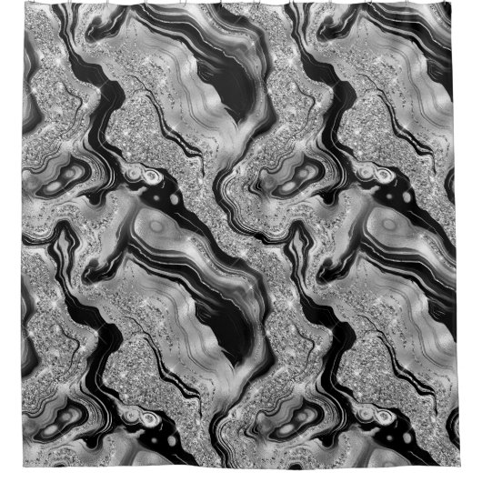 Elegant zwart en zilver Glitter Agaat Patroon Douchegordijn (Voorkant)