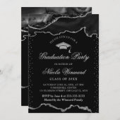 Elegant zwart en zilver marmeren agaat Afstuderen Kaart (Voorkant / Achterkant)