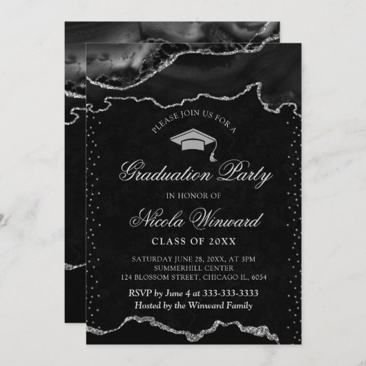 Elegant zwart en zilver marmeren agaat Afstuderen Kaart (Voorkant / Achterkant)