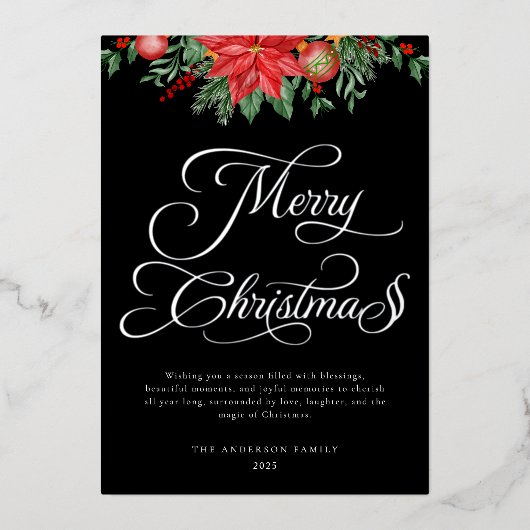 Elegant zwart en zilver script feestelijke kerst folie feestdagenkaart (Voorkant)