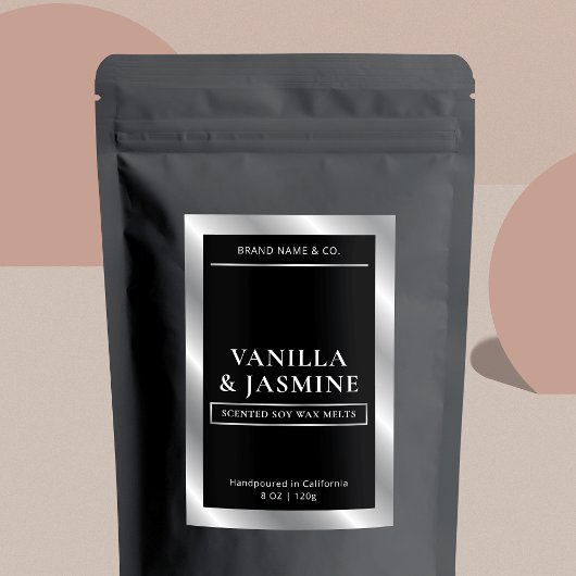 Elegant zwart en zilver verpakking wax smelt label voedselcontainer etiket
