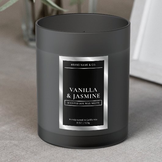 Elegant zwart en zilver verpakking wax smelt label voedselcontainer etiket