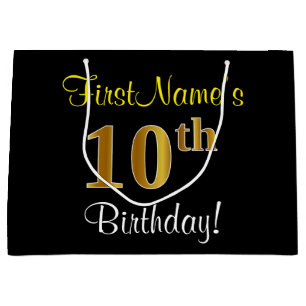 Elegant, zwart, Faux Gold 10th Birthday + naam Large Cadeautasje