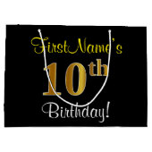 Elegant, zwart, Faux Gold 10th Birthday + naam Large Cadeautasje (Achterkant)