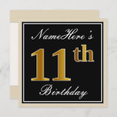 Elegant, zwart, Faux Gold 11th Birthday + naam Kaart (Voorkant / Achterkant)