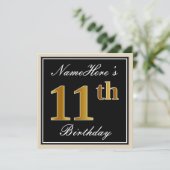 Elegant, zwart, Faux Gold 11th Birthday + naam Kaart (Staand voorkant)