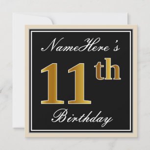 Elegant, zwart, Faux Gold 11th Birthday + naam Kaart