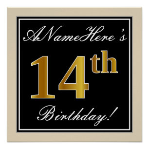 Elegant, zwart, Faux Gold 14th Birthday + naam Perfect Poster
