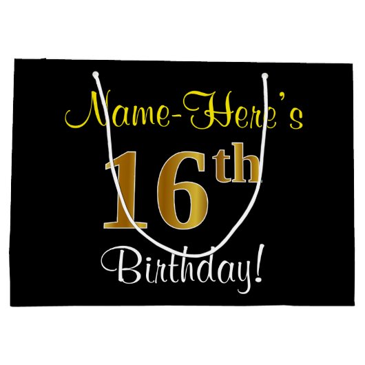 Elegant, Zwart, Faux Gold 16e verjaardag + Naam Groot Cadeauzakje (Achterkant)