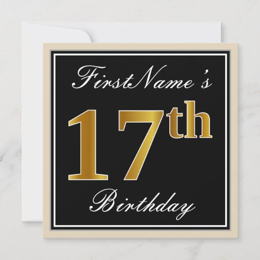 Elegant, zwart, Faux Gold 17th Birthday + naam Kaart (Voorkant)