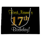 Elegant, zwart, Faux Gold 17th Birthday + naam Large Cadeautasje (Voorkant)
