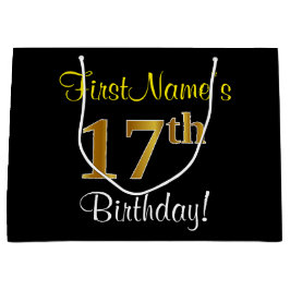 Elegant, zwart, Faux Gold 17th Birthday + naam Large Cadeautasje
