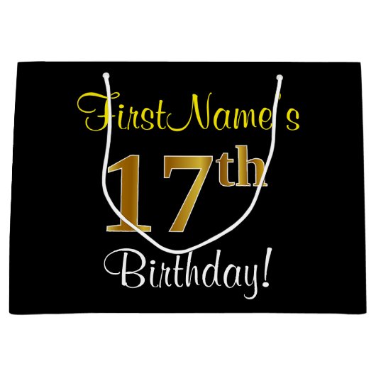 Elegant, zwart, Faux Gold 17th Birthday + naam Large Cadeautasje (Voorkant)