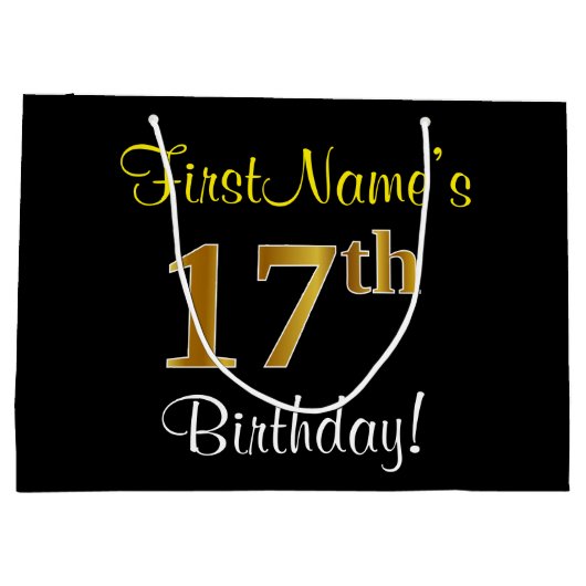 Elegant, zwart, Faux Gold 17th Birthday + naam Large Cadeautasje (Achterkant)