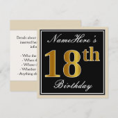 Elegant, Zwart, Faux Gold 18e verjaardag + Naam Kaart (Voorkant / Achterkant)