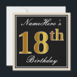 Elegant, Zwart, Faux Gold 18e verjaardag   Naam Kaart<br><div class="desc">Dit eenvoudige en elegante uitnodigingsontwerp voor verjaardagsfeestjes bevat een gepersonaliseerde boodschap zoals "NameHere's 18th Birthday" (met de "18th" met een faux / imitatie goudachtige kleurige look) in een zwart-gekleurd vierkant gebied met een eenvoudige rand. De naam is in een elegante wit-gekleurde script-achtige tekst, en kan worden aangepast. De achterkant bevat...</div>