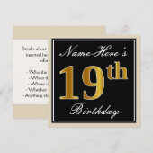 Elegant, zwart, Faux Gold 19e verjaardag + naam Kaart (Voorkant / Achterkant)