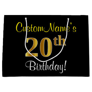 Elegant, zwart, Faux Gold 20th Birthday + naam Groot Cadeauzakje