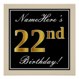 Elegant, zwart, Faux Gold 22e verjaardag + naam Perfect Poster