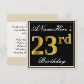 Elegant, zwart, Faux Gold 23rd Birthday + naam Kaart (Voorkant / Achterkant)