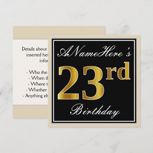 Elegant, zwart, Faux Gold 23rd Birthday + naam Kaart (Voorkant / Achterkant)