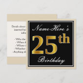 Elegant, zwart, Faux Gold 25e verjaardag + Naam Kaart (Voorkant / Achterkant)