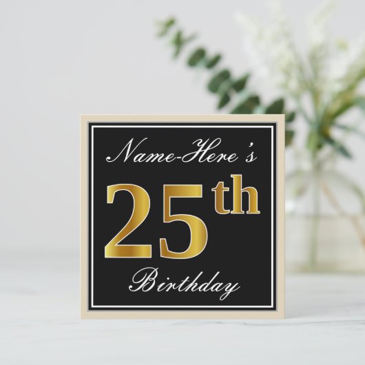 Elegant, zwart, Faux Gold 25e verjaardag + Naam Kaart (Staand voorkant)