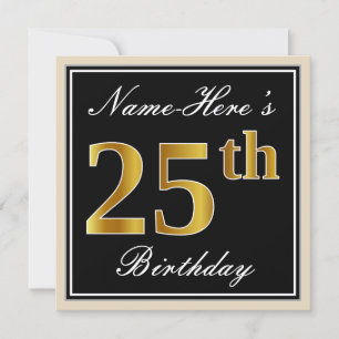 Elegant, zwart, Faux Gold 25e verjaardag + Naam Kaart