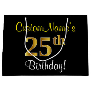 Elegant, zwart, Faux Gold 25th Birthday + naam Groot Cadeauzakje