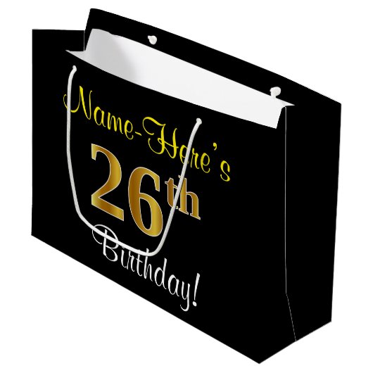 Elegant, zwart, Faux Gold 26th Birthday + naam Groot Cadeauzakje (Voorkant Gekanteld)