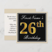 Elegant, zwart, Faux Gold 26th Birthday + naam Kaart (Voorkant / Achterkant)