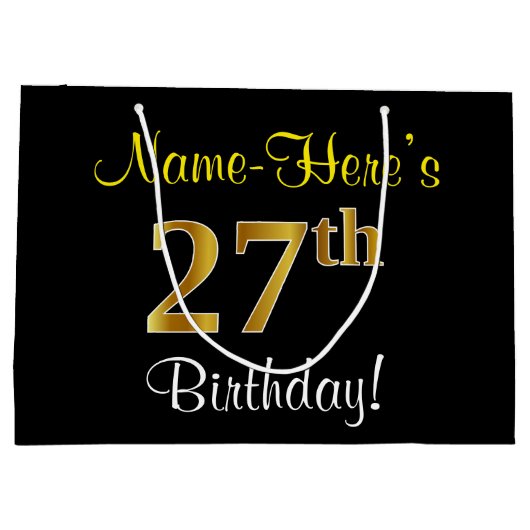 Elegant, zwart, Faux Gold 27th Birthday + naam Groot Cadeauzakje (Achterkant)
