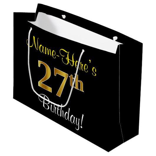 Elegant, zwart, Faux Gold 27th Birthday + naam Groot Cadeauzakje (Voorkant Gekanteld)