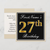 Elegant, zwart, Faux Gold 27th Birthday + naam Kaart (Voorkant / Achterkant)