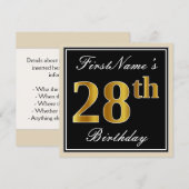Elegant, zwart, Faux Gold 28th Birthday + naam Kaart (Voorkant / Achterkant)