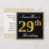 Elegant, zwart, Faux Gold 29th Birthday + naam Kaart (Voorkant / Achterkant)