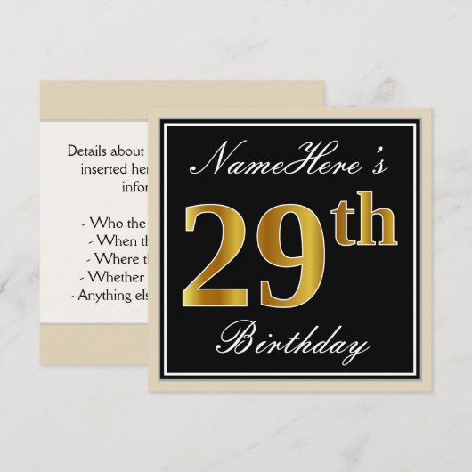 Elegant, zwart, Faux Gold 29th Birthday + naam Kaart (Voorkant / Achterkant)