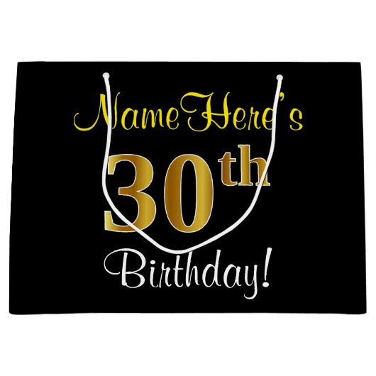 Elegant, Zwart, Faux Gold 30ste verjaardag + Naam Large Cadeautasje (Voorkant)