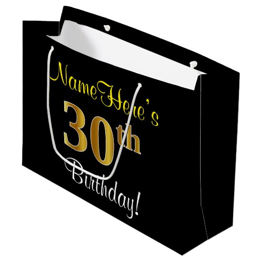 Elegant, Zwart, Faux Gold 30ste verjaardag + Naam Large Cadeautasje (Voorkant Gekanteld)