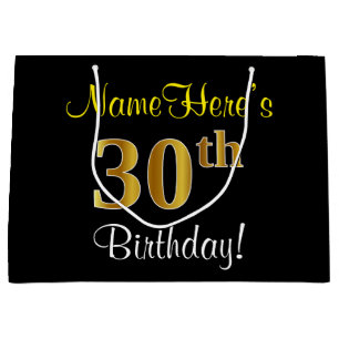 Elegant, zwart, Faux Gold 30th Birthday + naam Large Cadeautasje